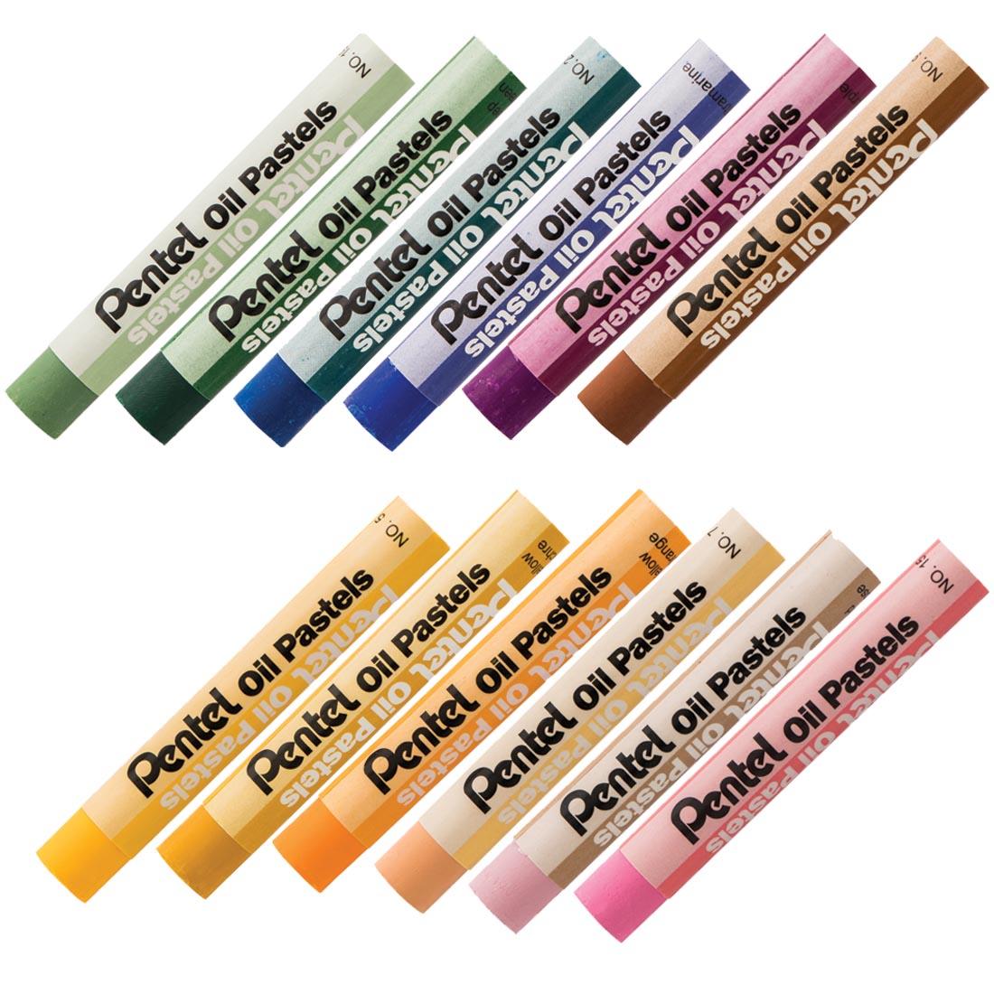 The 12 Colors included in the Pentel Arts Oil Pastels Secondary Set