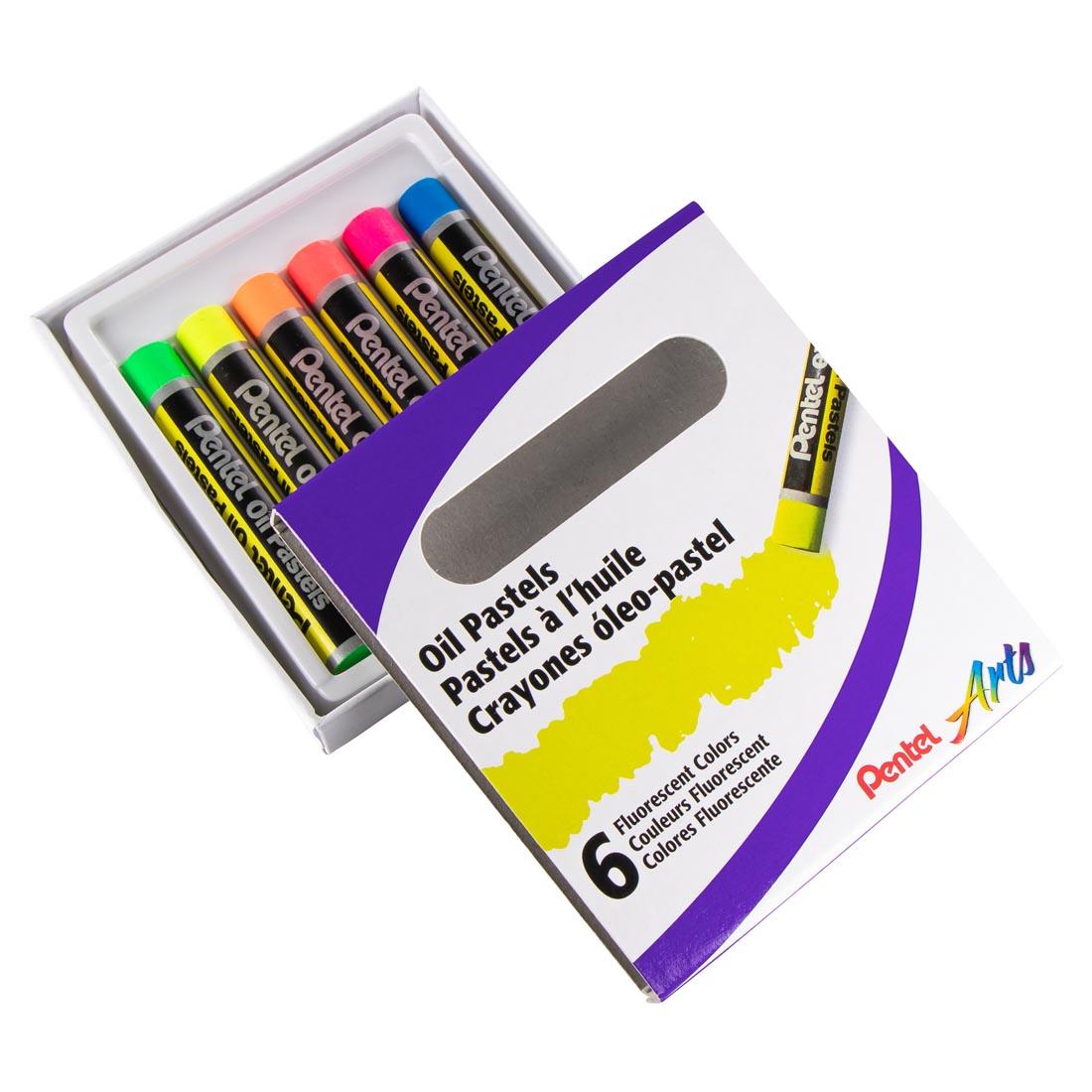 Pentel Arts Fluorescent Oil Pastels 6-Color Set with the lid partially off