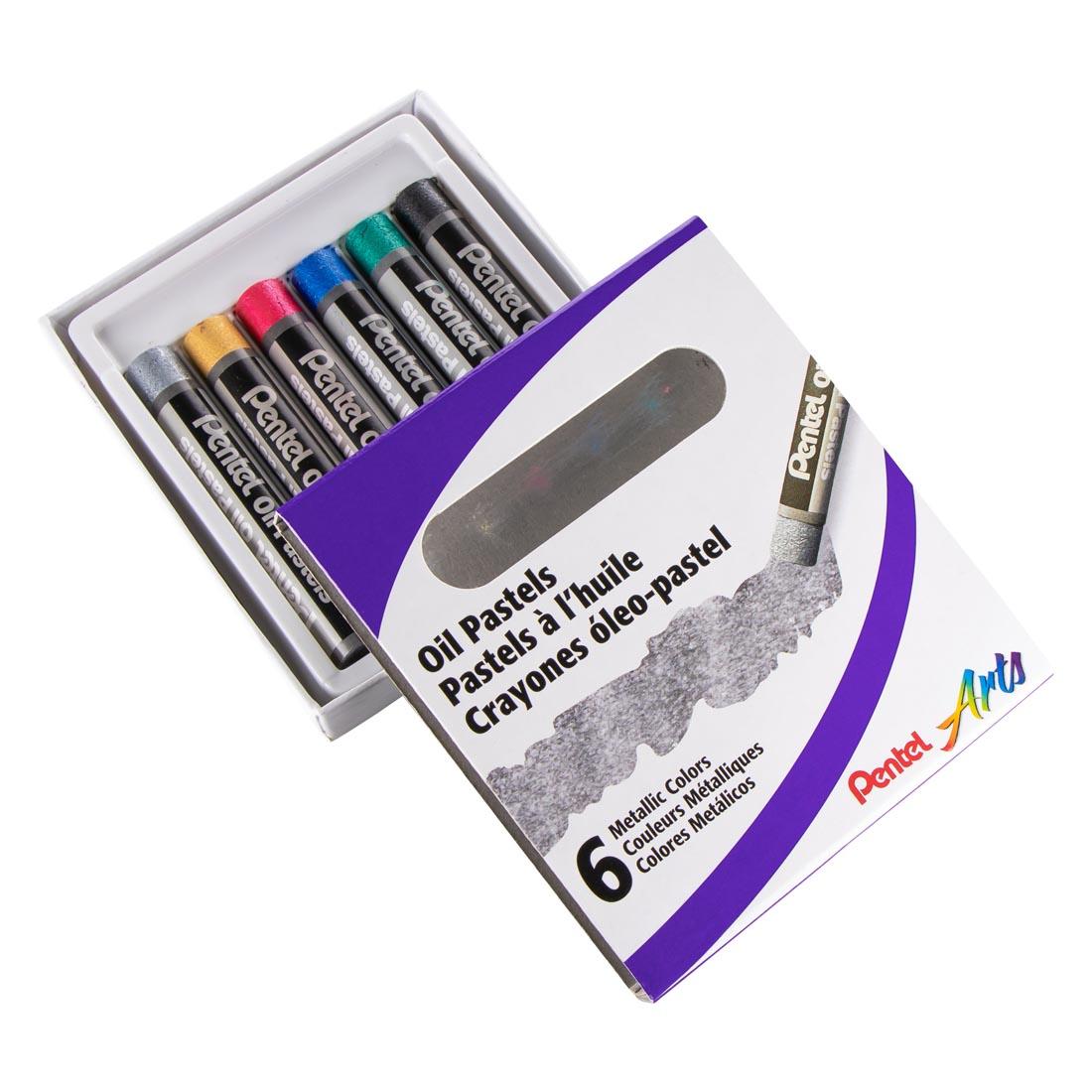 Pentel Arts Metallic Oil Pastels 6-Color Set with the lid partially off