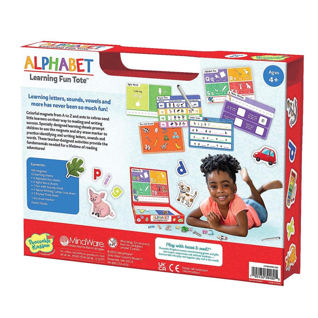 back of package of Alphabet Learning Fun Tote By Peaceable Kingdom