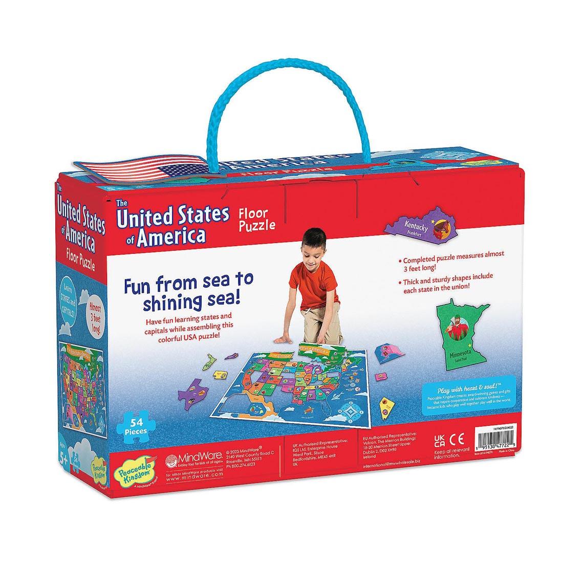 back of box for 54-Piece USA Floor Puzzle By Peaceable Kingdom