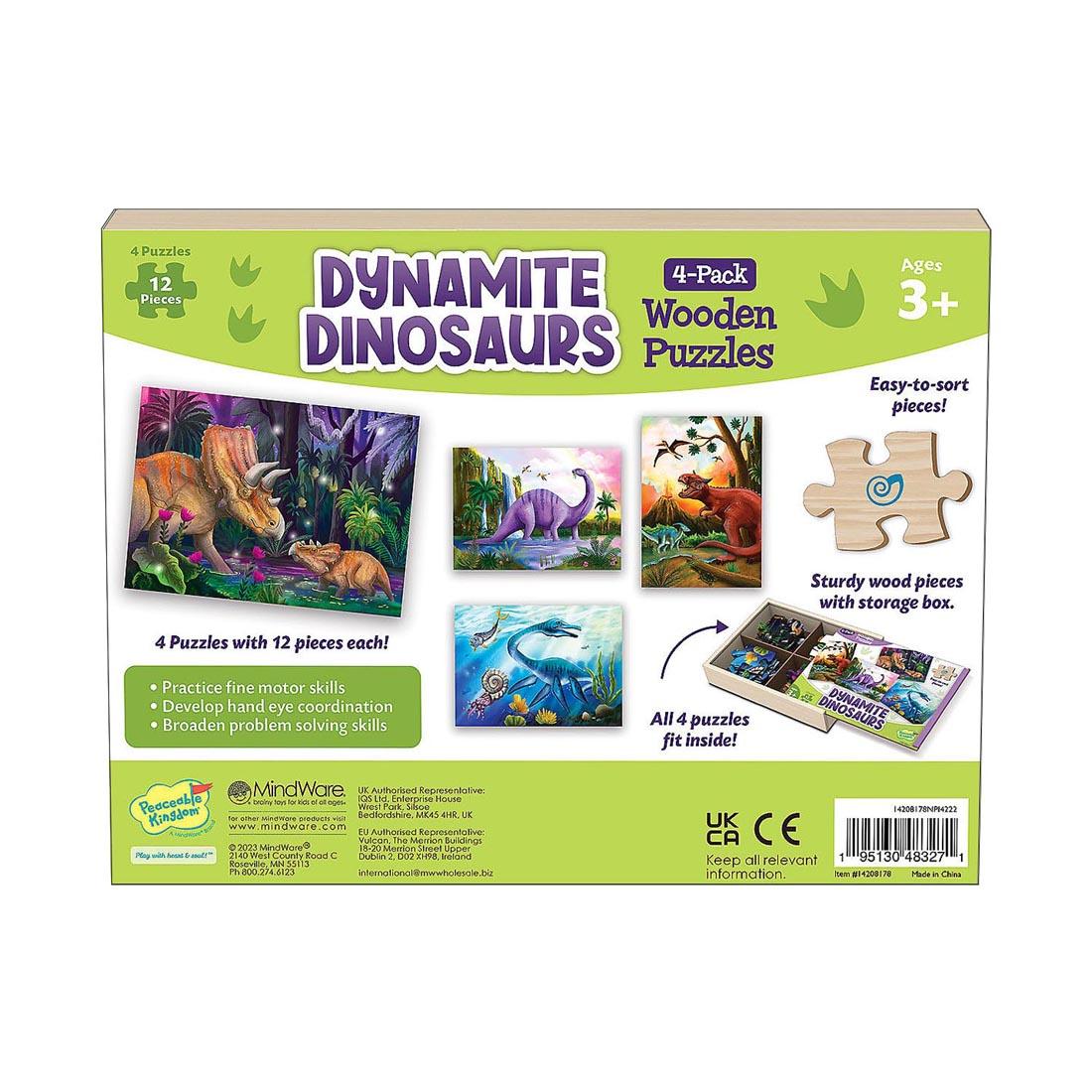 back of package of Dynamite Dinosaurs Wooden Puzzles 4-Pack By Peaceable Kingdom