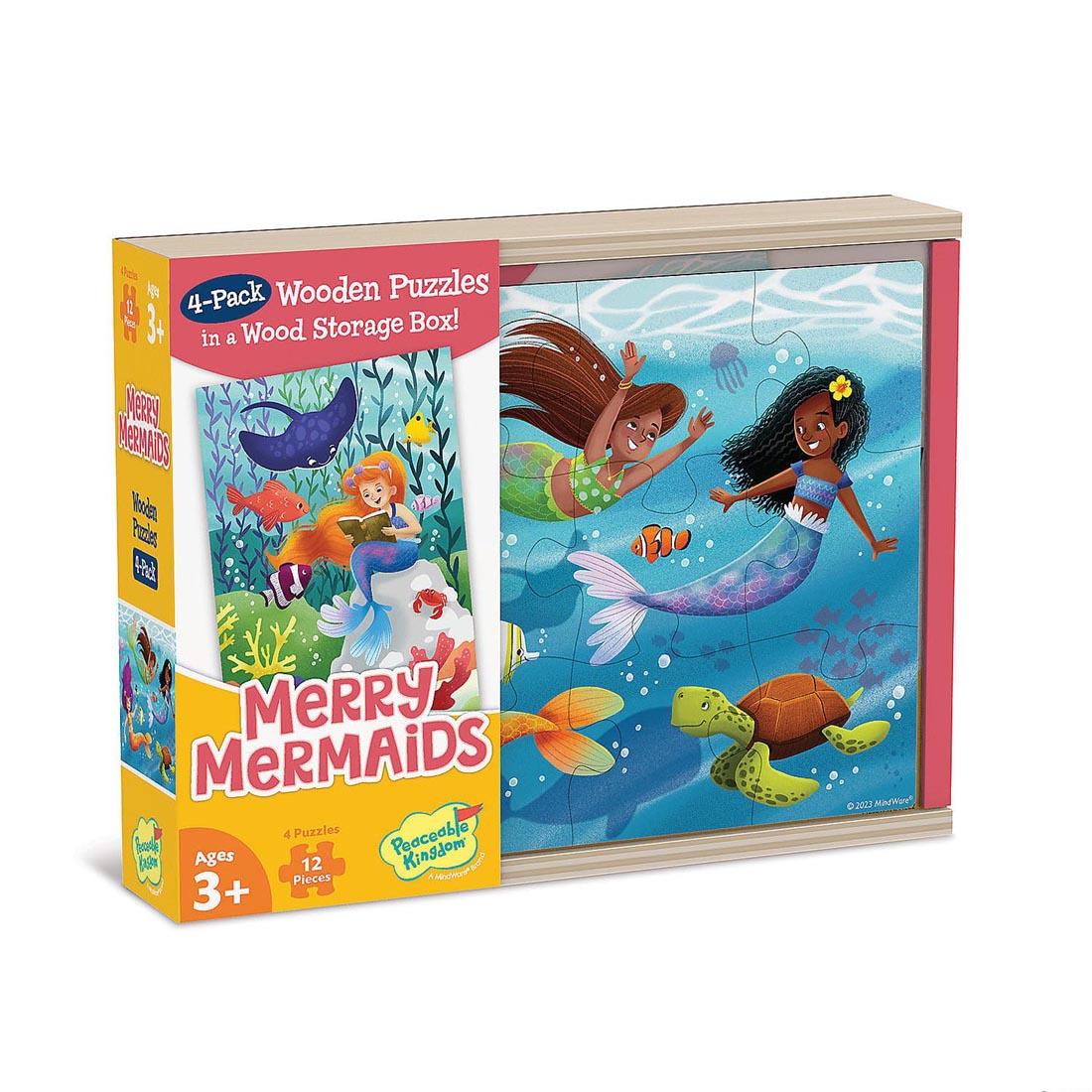 package of the Merry Mermaids Wooden Puzzles 4-Pack By Peaceable Kingdom