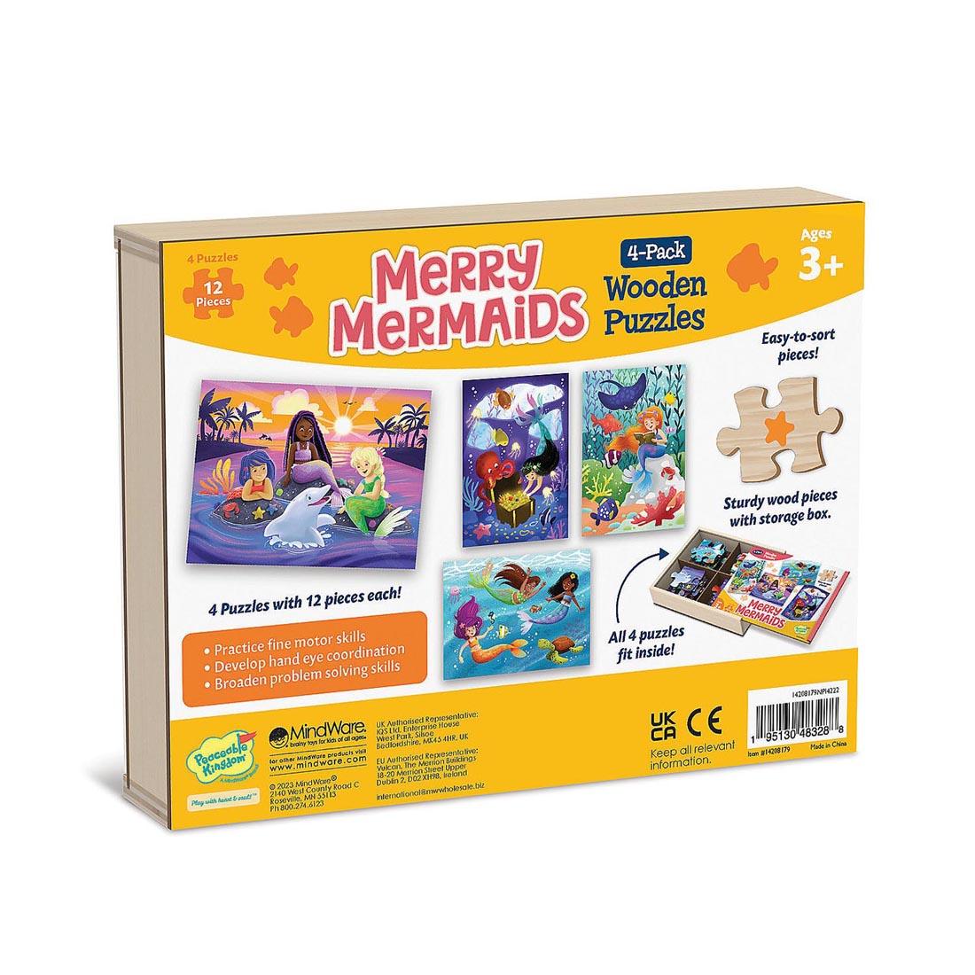 back of package of Merry Mermaids Wooden Puzzles 4-Pack By Peaceable Kingdom