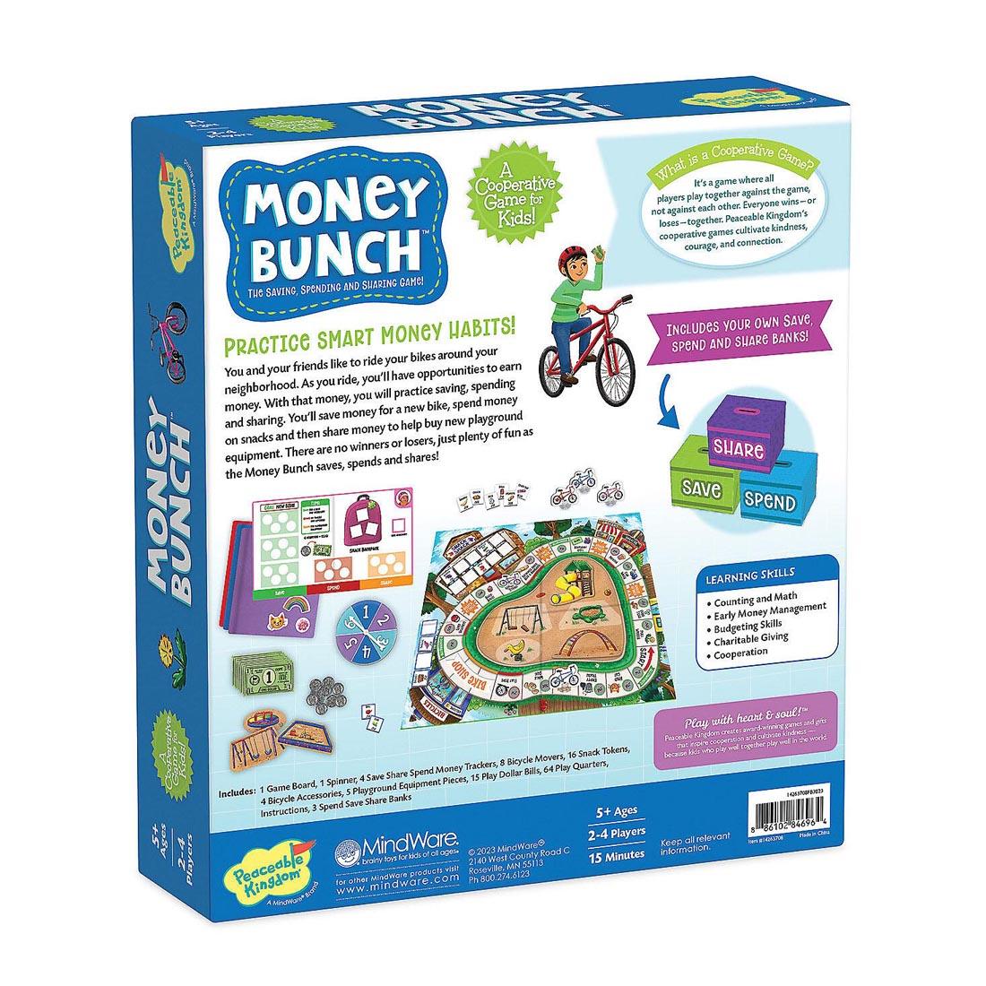 back of package of the Money Bunch Cooperative Board Game By Peaceable Kingdom