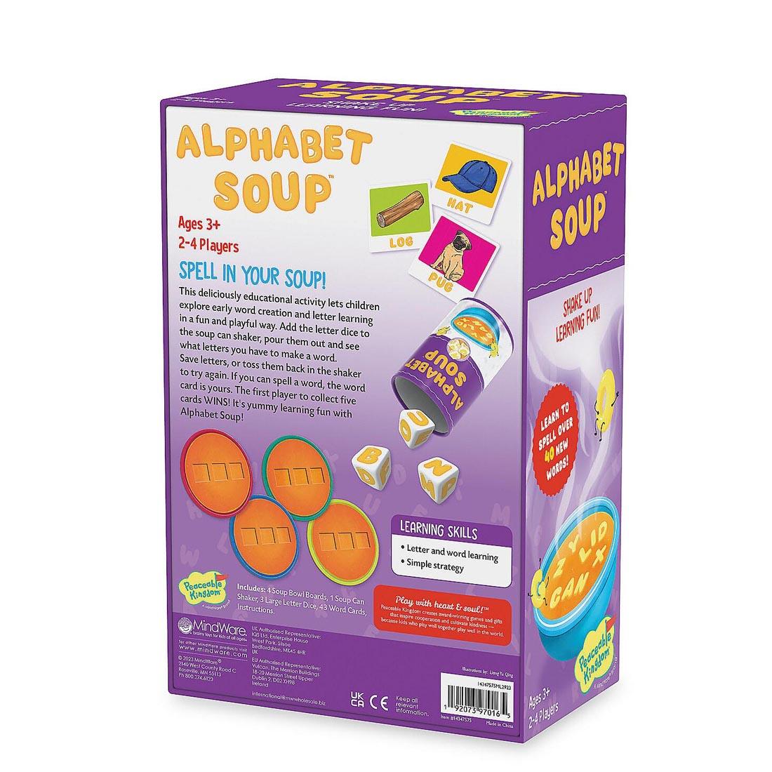 back of package of the Alphabet Soup Spelling Game By Peaceable Kingdom