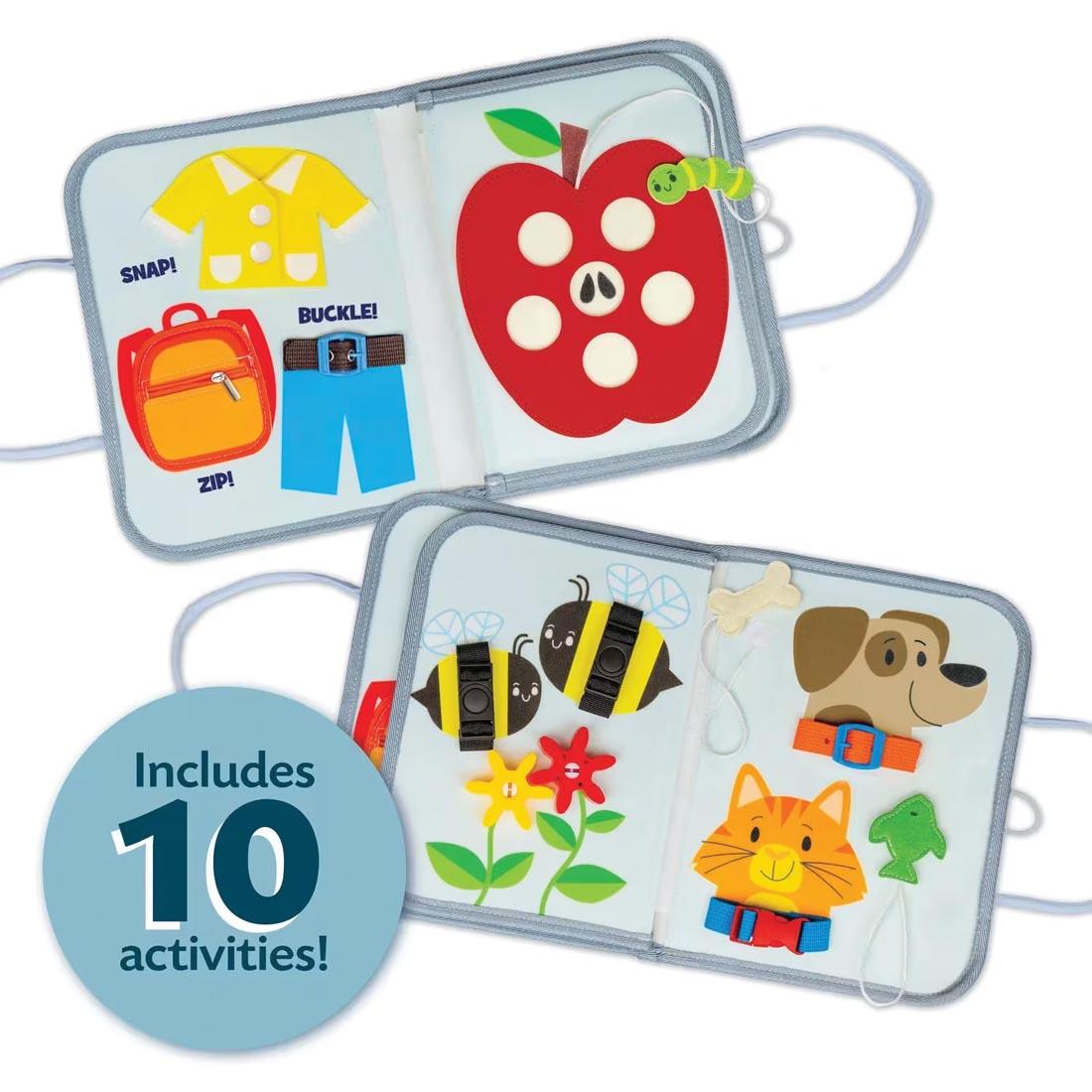 My Busy Tote By Peaceable Kingdom open to 2 different spreads plus text Includes 10 activities!