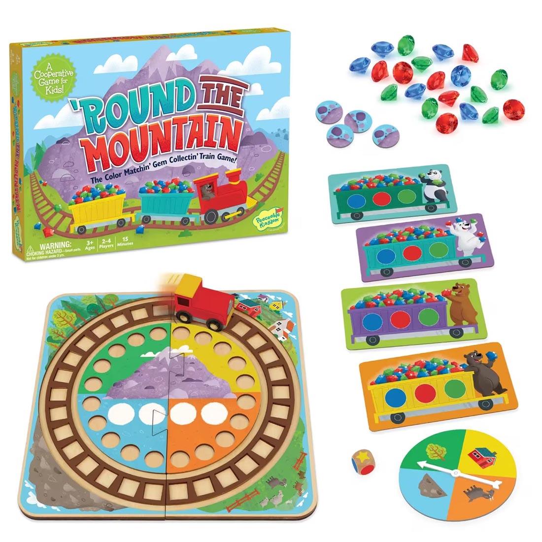 Round the Mountain Cooperative Train Game By Peaceable Kingdom package and components