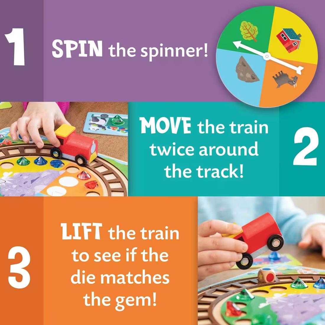 3 images of Round the Mountain Cooperative Train Game By Peaceable Kingdom plus text 1 Spin the spinner! 2 Move the train twice around the track! 3 Lift the train to see if the die matches the gem!