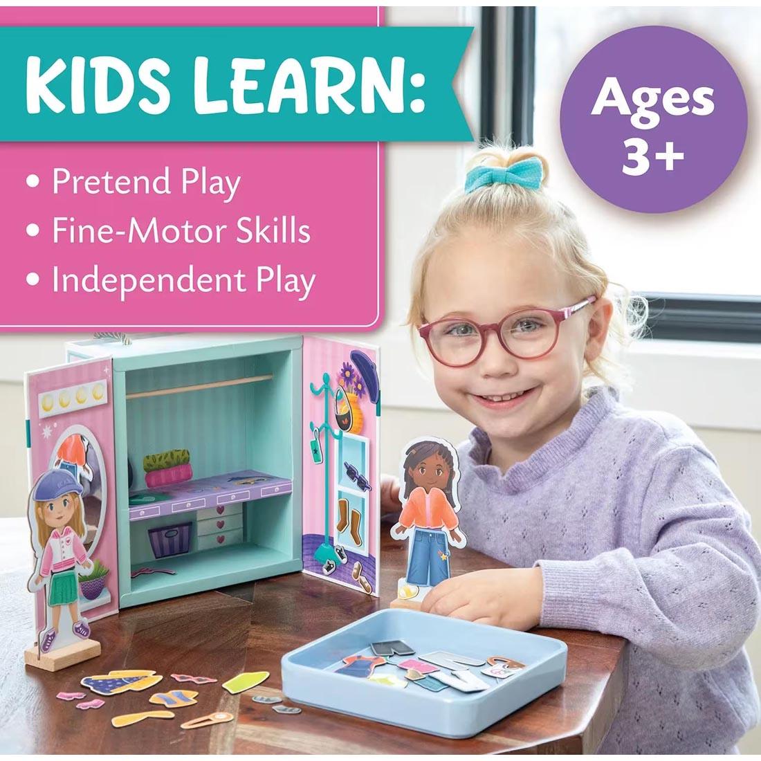 child playing with Fashion Friends Magnetic Dress Up Playset plus text Kids learn: pretend play; fine-motor skills; independent play; ages 3+