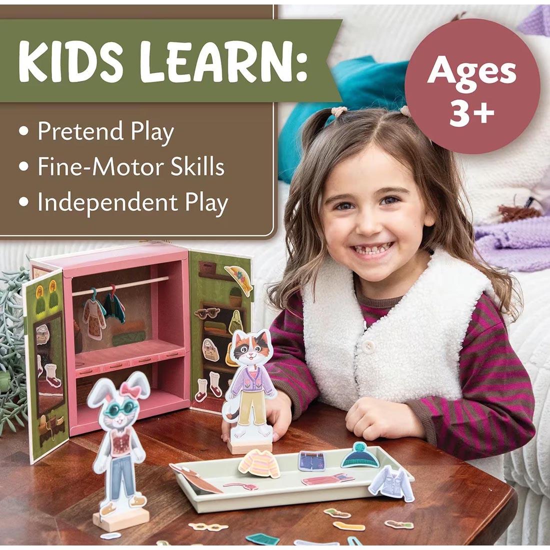 child playing with the Cozy Critters Magnetic Dress Up Playset By Peaceable Kingdom plus text Kids Learn: Pretend Play; Fine-Motor Skills; Independent Play; Ages 3+