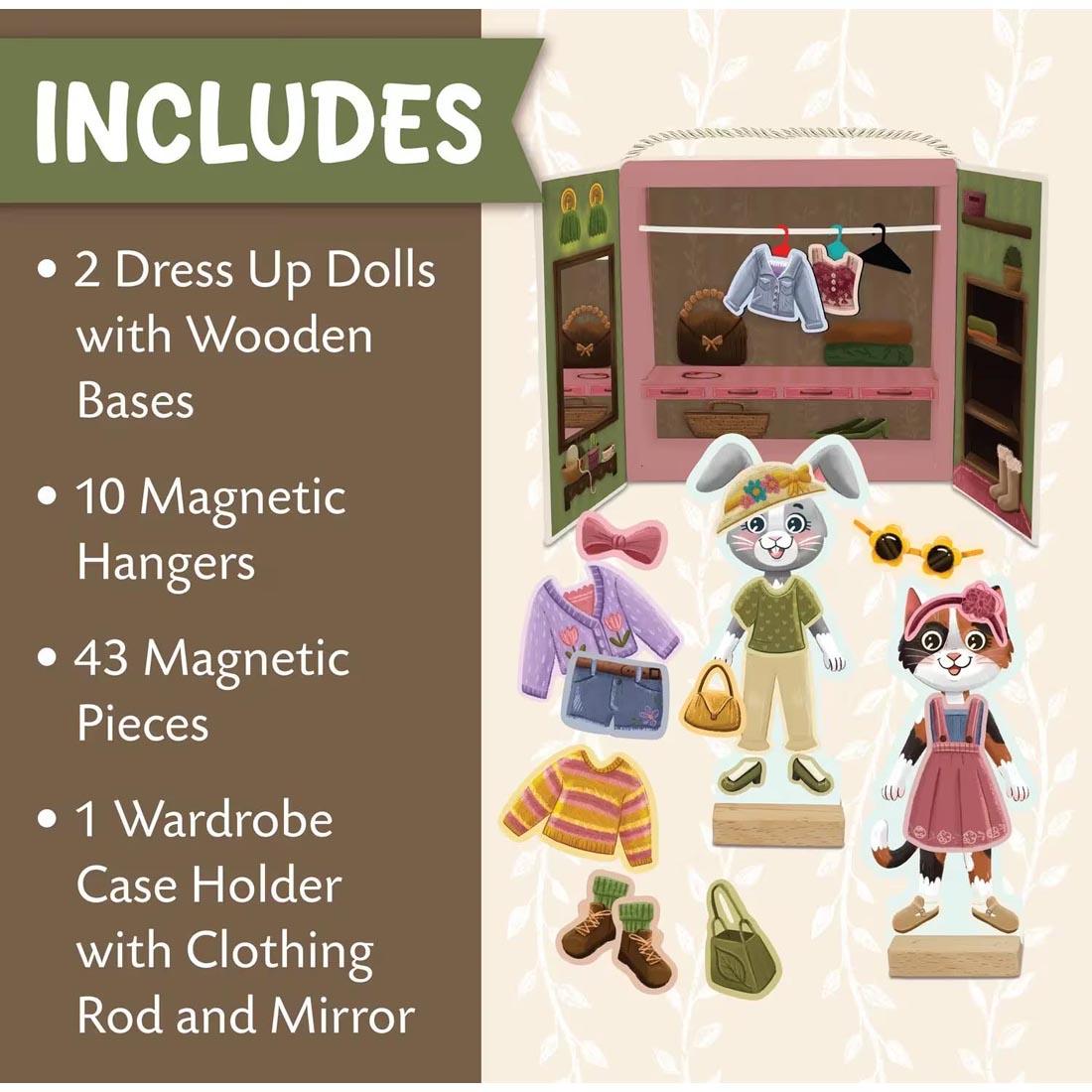pieces of the Cozy Critters Magnetic Dress Up Playset plus text Includes 2 Dress up dolls with wooden bases; 10 magnetic hangers; 43 magnetic pieces, 1 wardrobe case holder with clothing rod and mirr