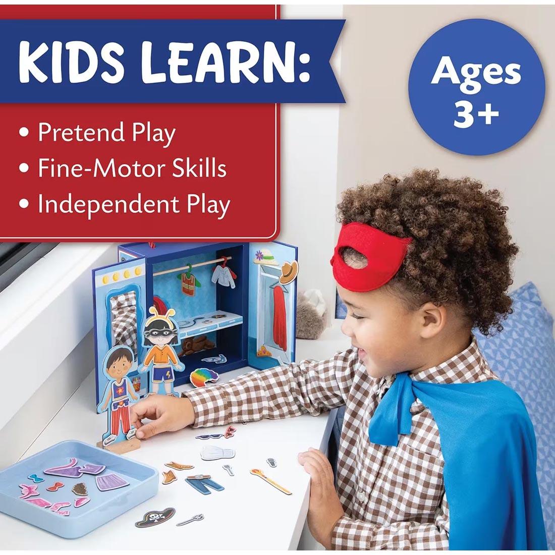 child playing with the Playful Pretend Magnetic Dress Up Playset By Peaceable Kingdom plus text Kids Learn: Pretend play; Fine-motor skills; Independent play; Ages 3+