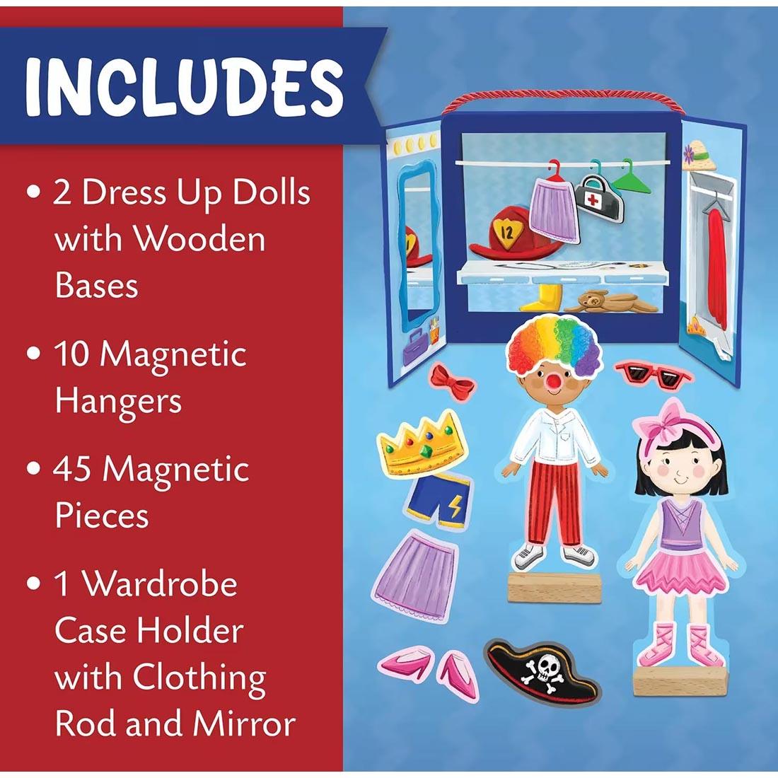 pieces of the Playful Pretend Magnetic Dress Up Playset plus text Includes 2 Dress up dolls with wooden bases; 10 magnetic hangers; 45 magnetic pieces, 1 wardrobe case holder with clothing rod and mi
