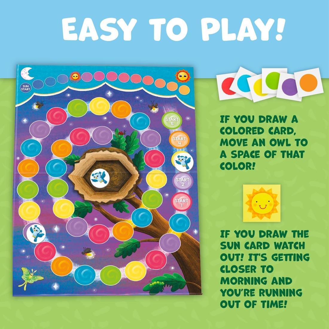 Hoot Owl Hoot! Cooperative Board Game plus text Easy to Play! If you draw a colored card, move an owl to a space of that color! If you draw the sun card watch out! It's getting closer to morning