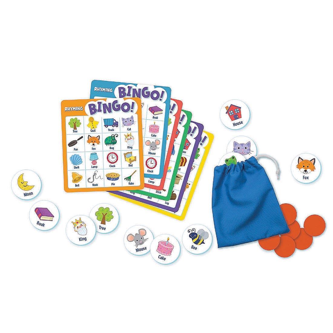 Components of Rhyming Bingo! by Peaceable Kingdom