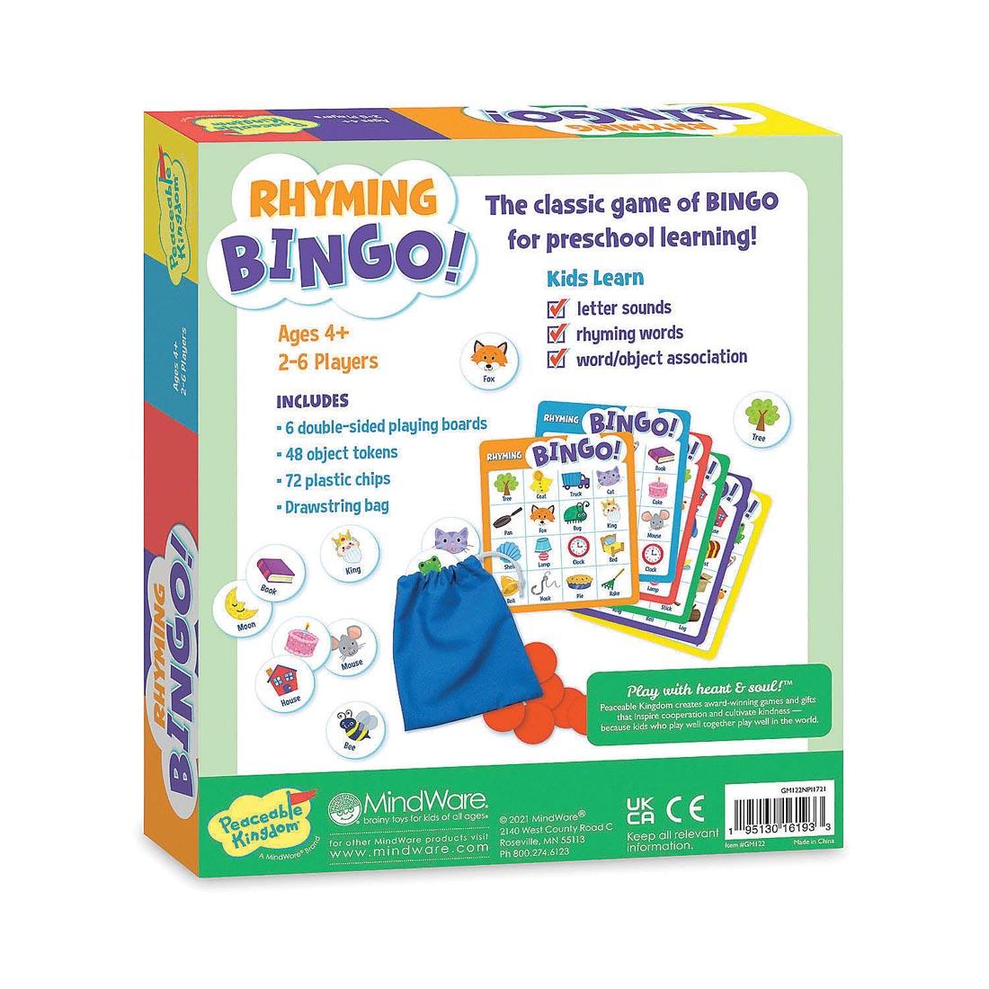 Back of package of Rhyming Bingo! by Peaceable Kingdom