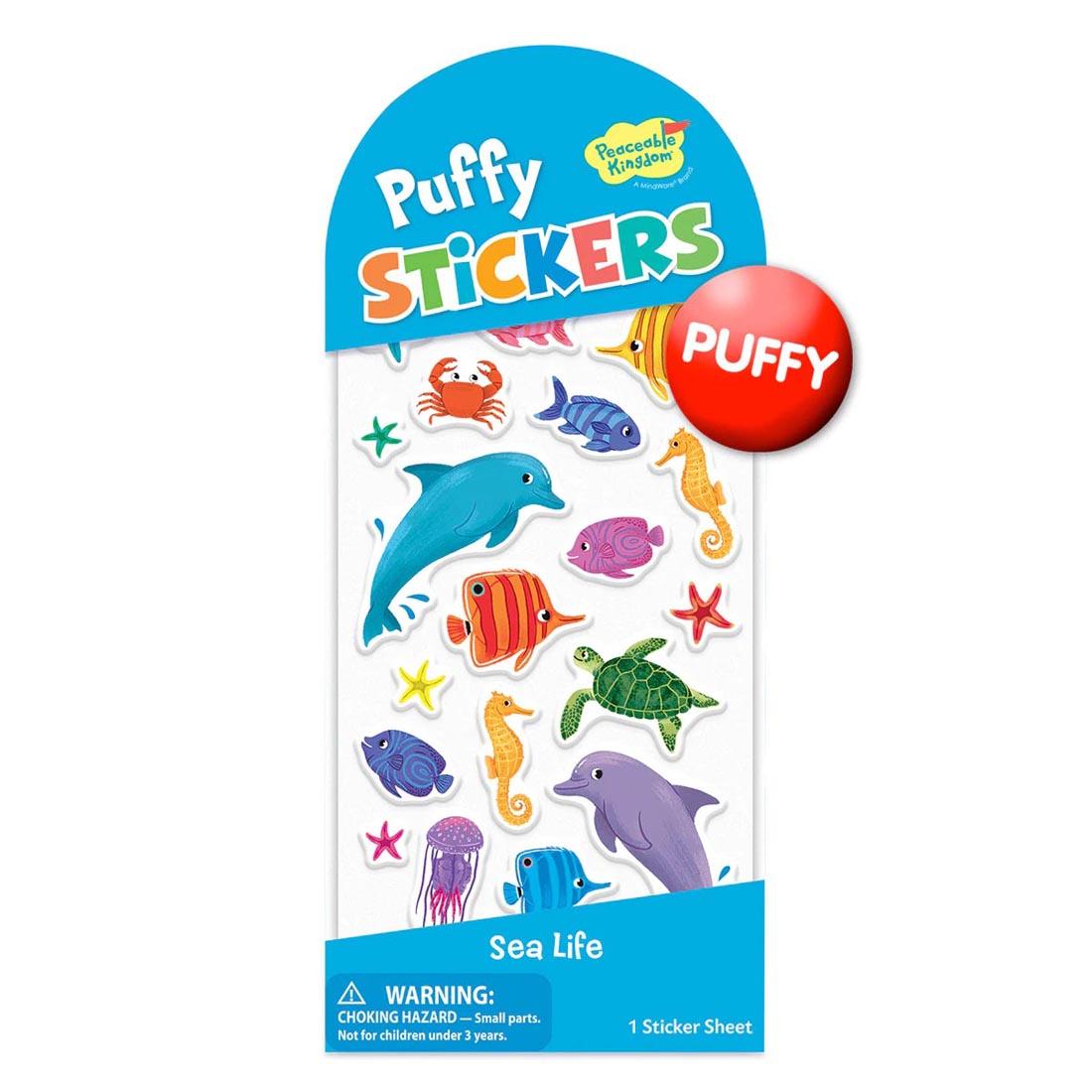 Sea Life Puffy Stickers by Peaceable Kingdom with a red button overlay that says Puffy