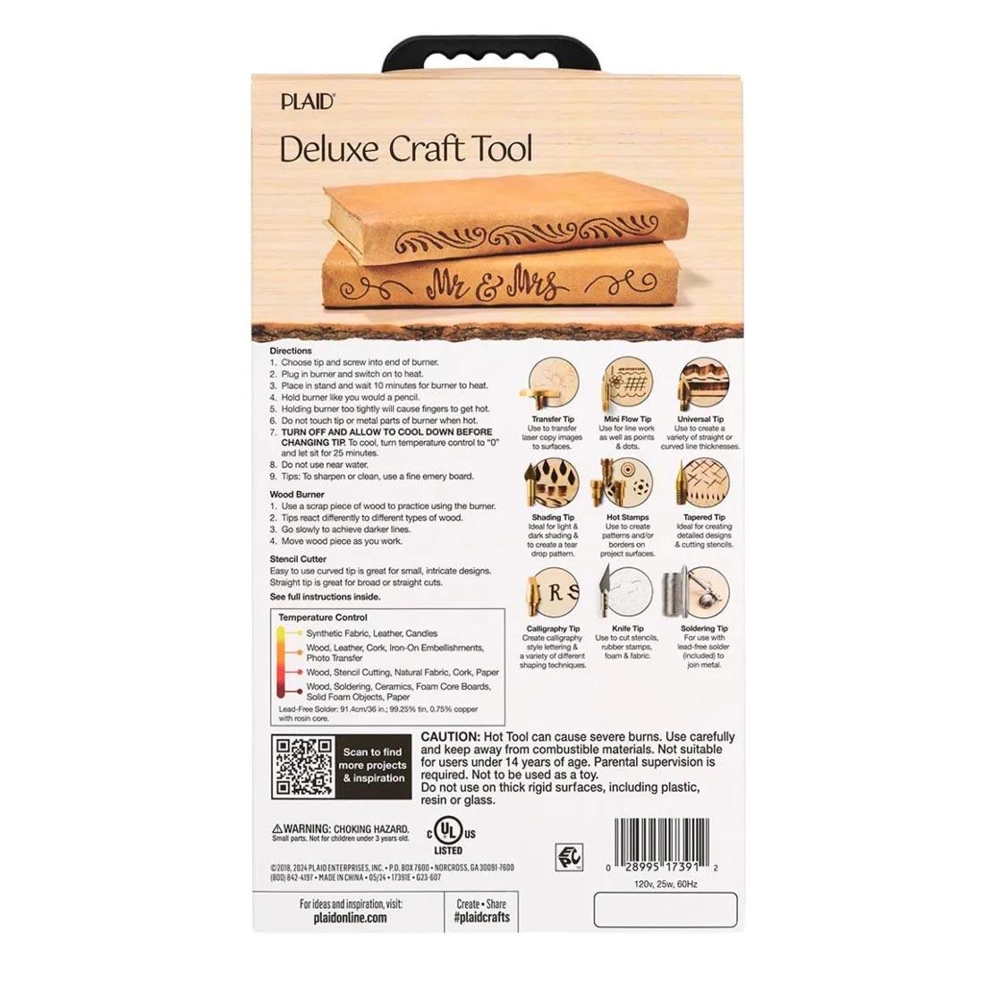 back of package for the Deluxe Wood Burning Craft Tool Set by Plaid