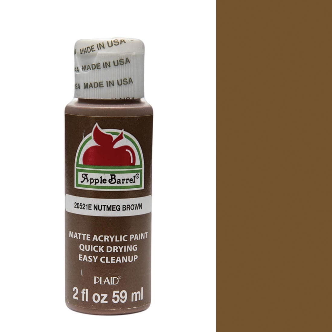 Nutmeg Brown Apple Barrel Acrylic Craft Paint bottle next to its color swatch