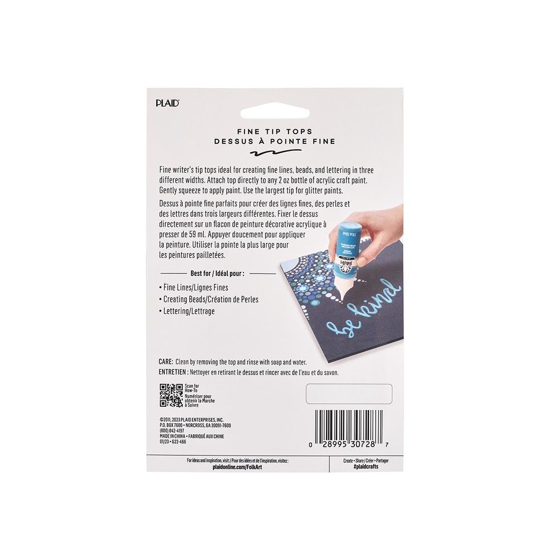 back of package for the FolkArt Fine Tip Tops For 2 oz. Bottles