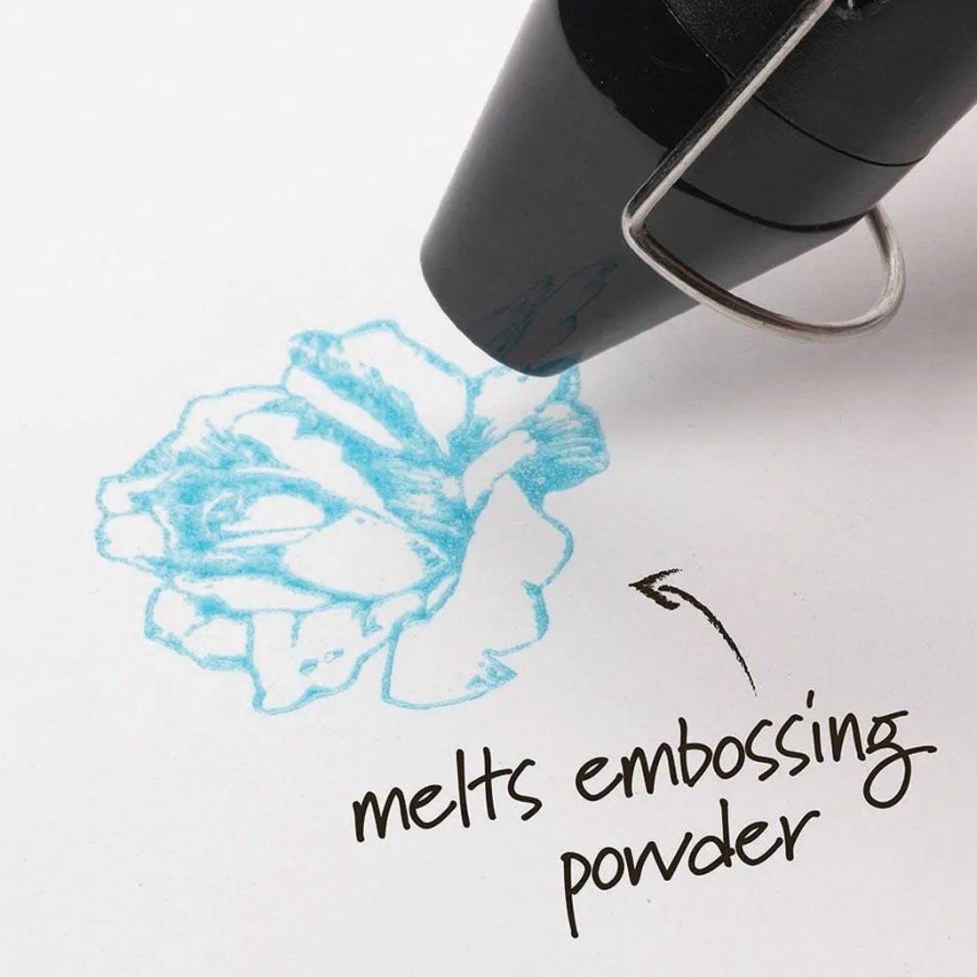 tip of Plaid Multi-Use Heat Pen hovering over paper with powder; with text: melts embossing powder