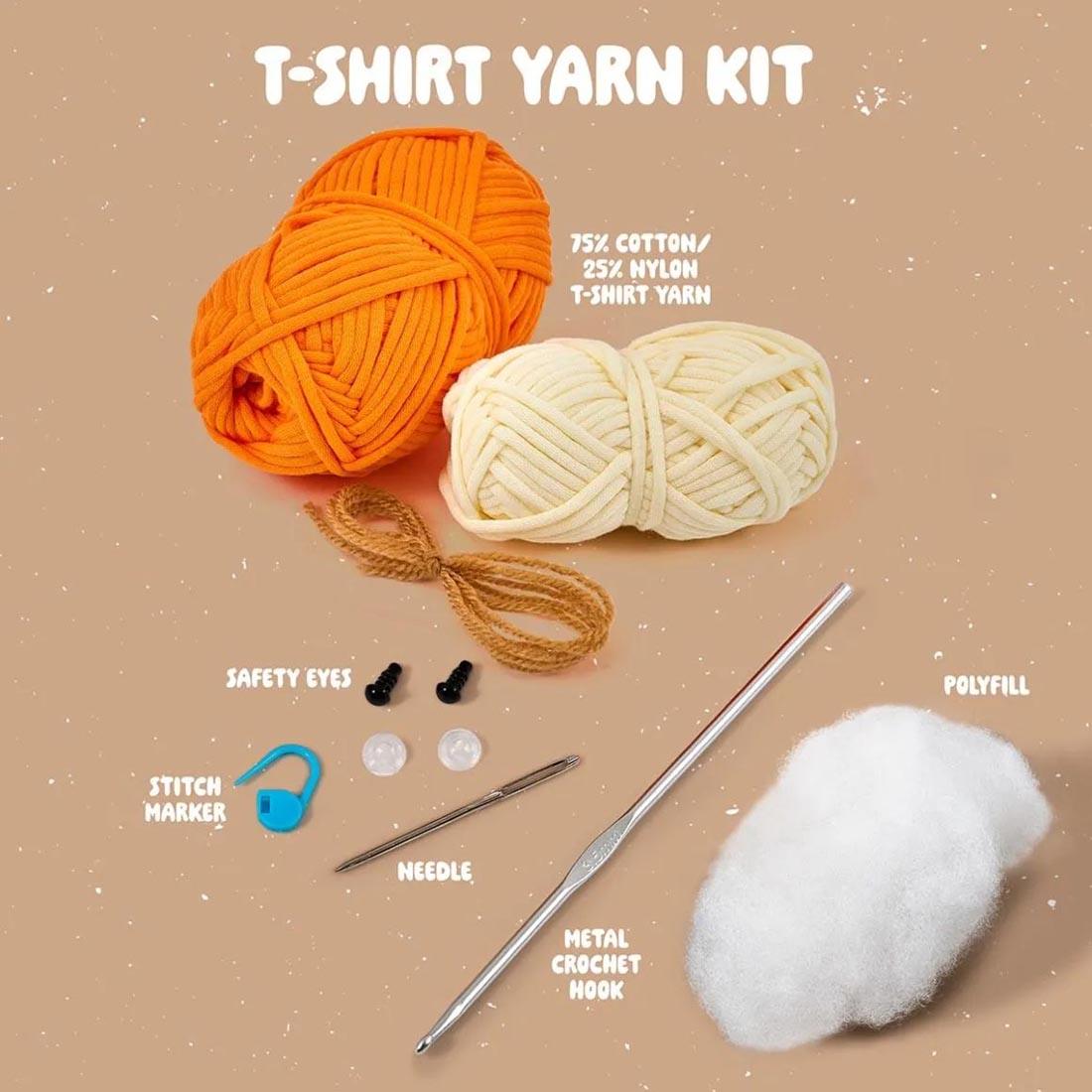 components of Tommy The Fox Complete Crochet Kit labeled: T-Shirt Yarn Kit; 75% Cotton/25% Nylon T-Shirt Yarn; Safety Eyes; Stitch Marker; Needle; Metal Crochet Hook; Polyfill