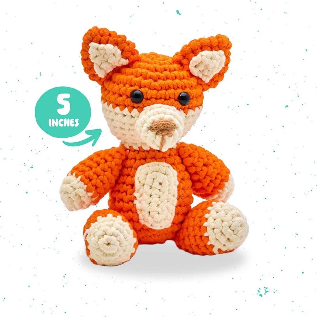 a completed example using the Tommy The Fox Complete Crochet Kit with text 5 inches