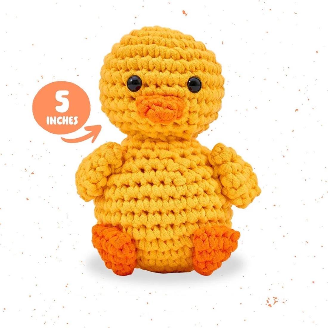 a completed example using the Quackers The Duck Complete Crochet Kit with text 5 inches