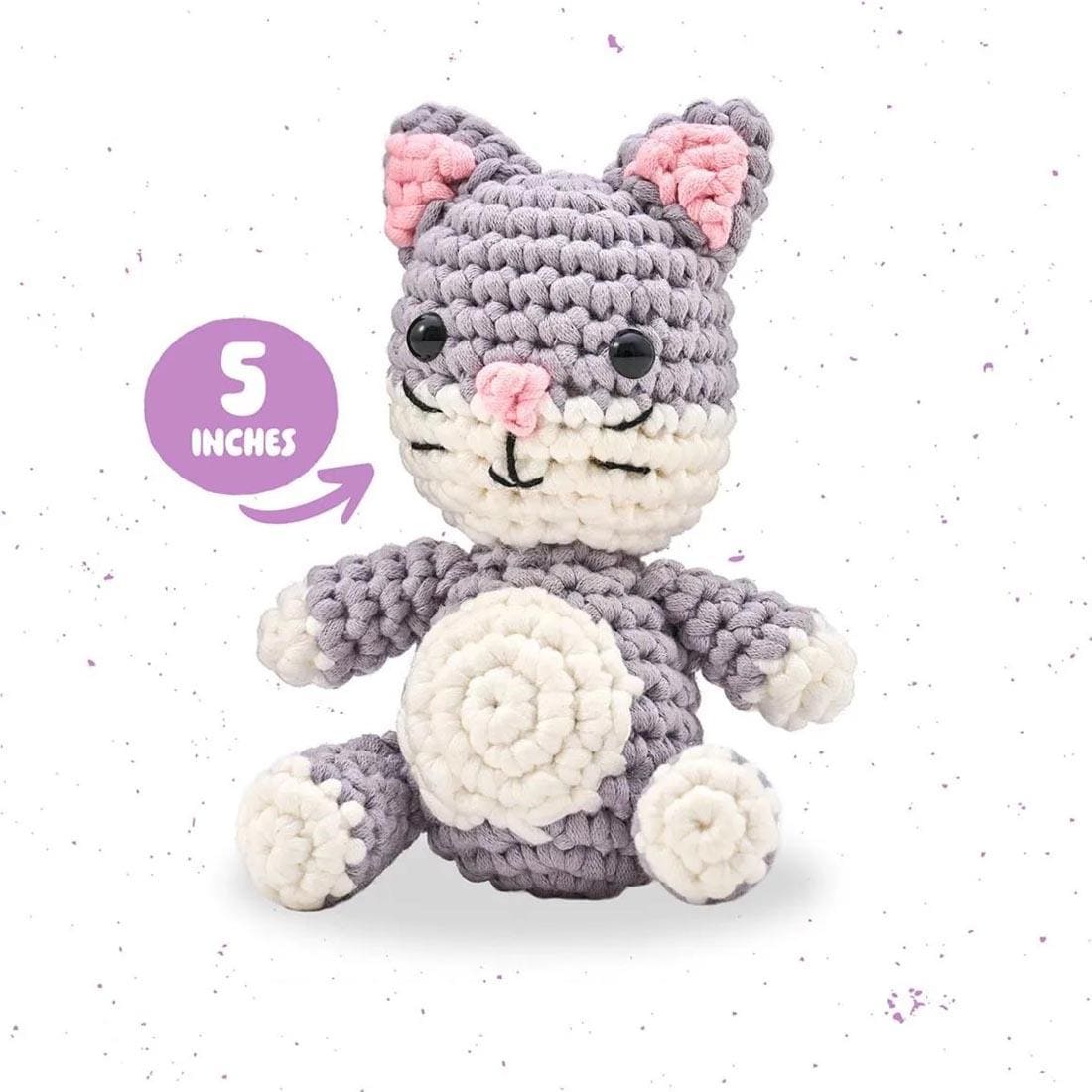 a completed example using the Caylee The Cat Complete Crochet Kit with text 5 inches