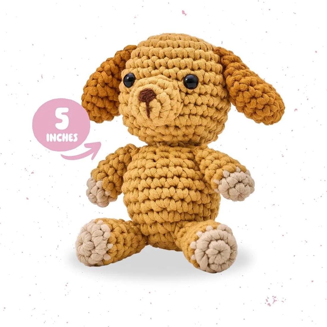 a completed example using the Dion The Dog Complete Crochet Kit with text 5 inches