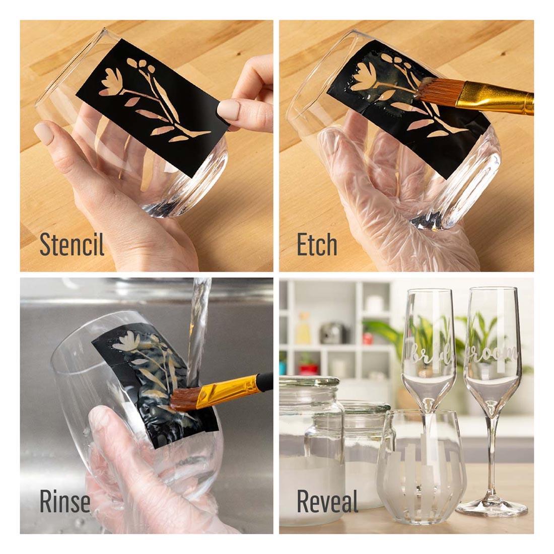 a 4-step process to explain the FolkArt Glass Etching Cream with the text Stencil; Etch; Rinse; Reveal