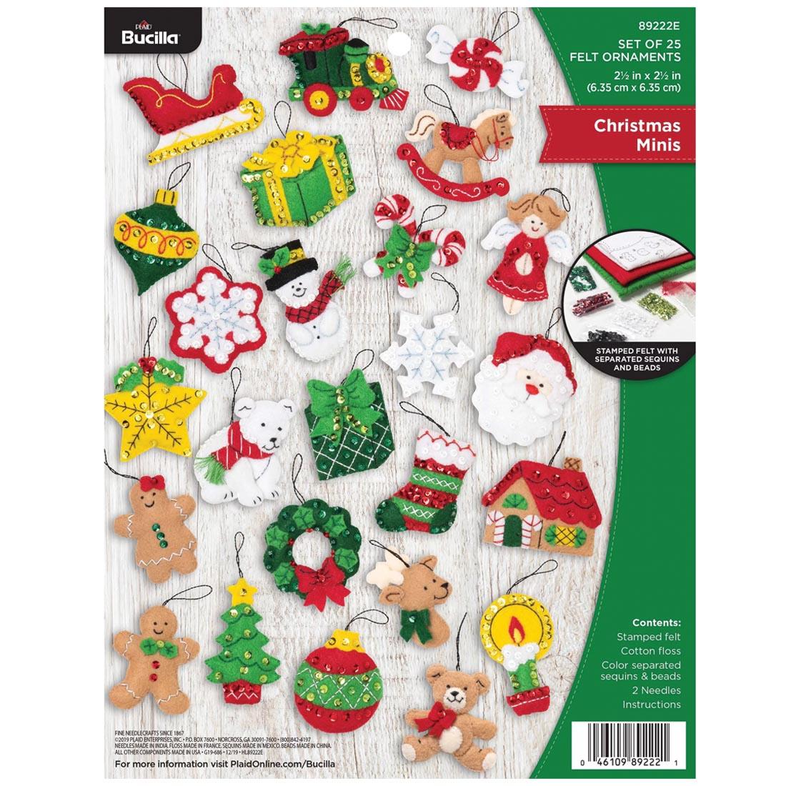 front of package for Plaid Bucilla Christmas Minis Felt Ornaments