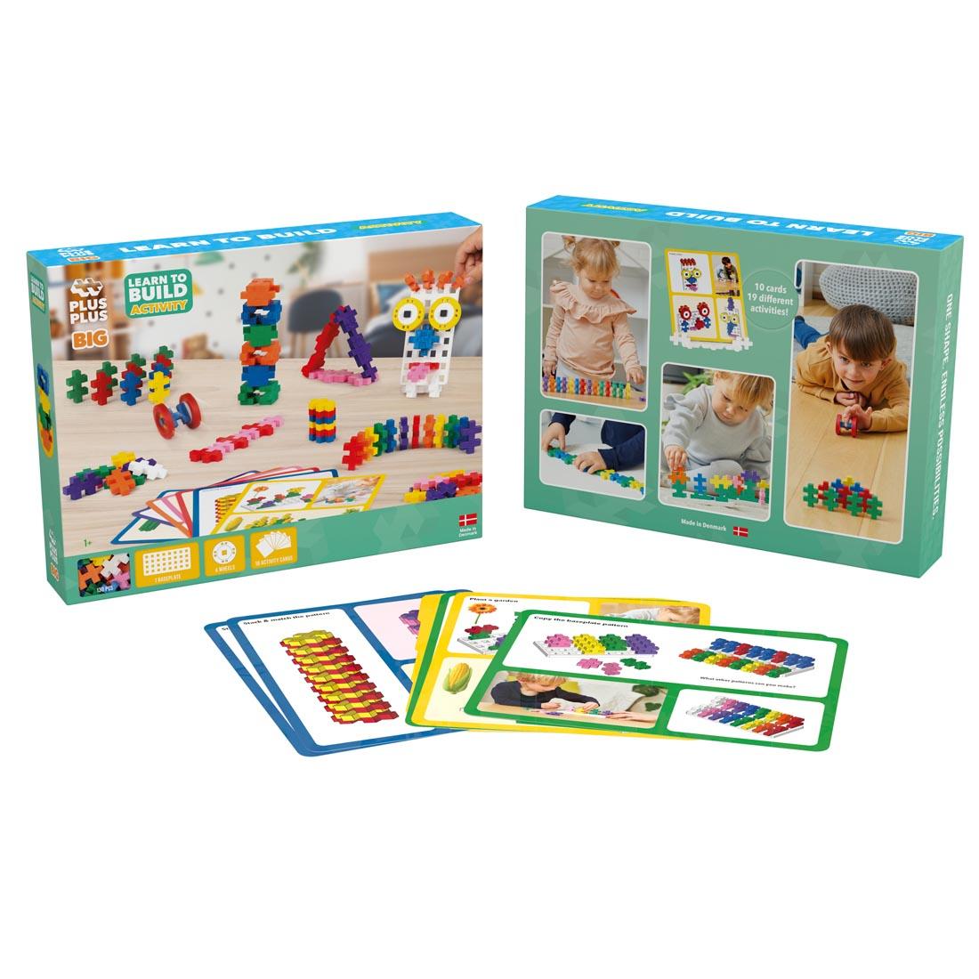 front and back of box for the Plus-Plus BIG Learn To Build Activity Set plus some of the cards