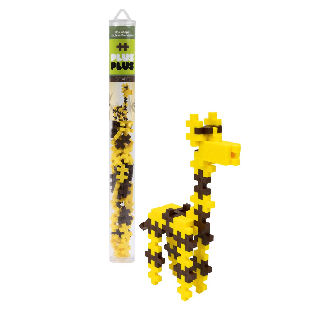 Plus-Plus 70-Piece Giraffe Tube beside a completed giraffe