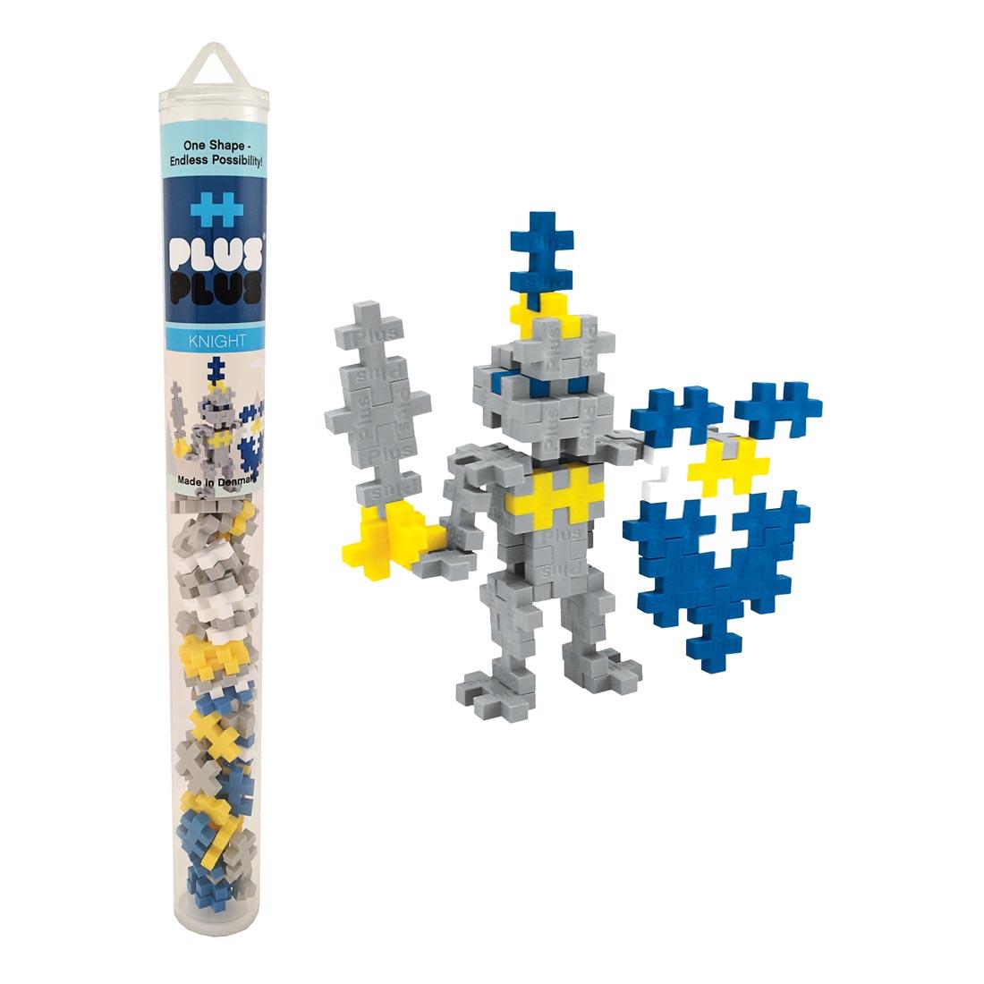 Plus-Plus 70-Piece Knight Tube beside a completed knight with sword and shield