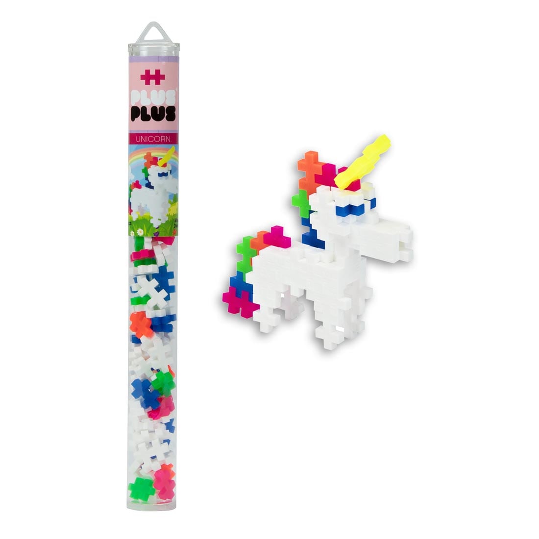 Plus-Plus 70-Piece Unicorn Tube beside a completed sample creation