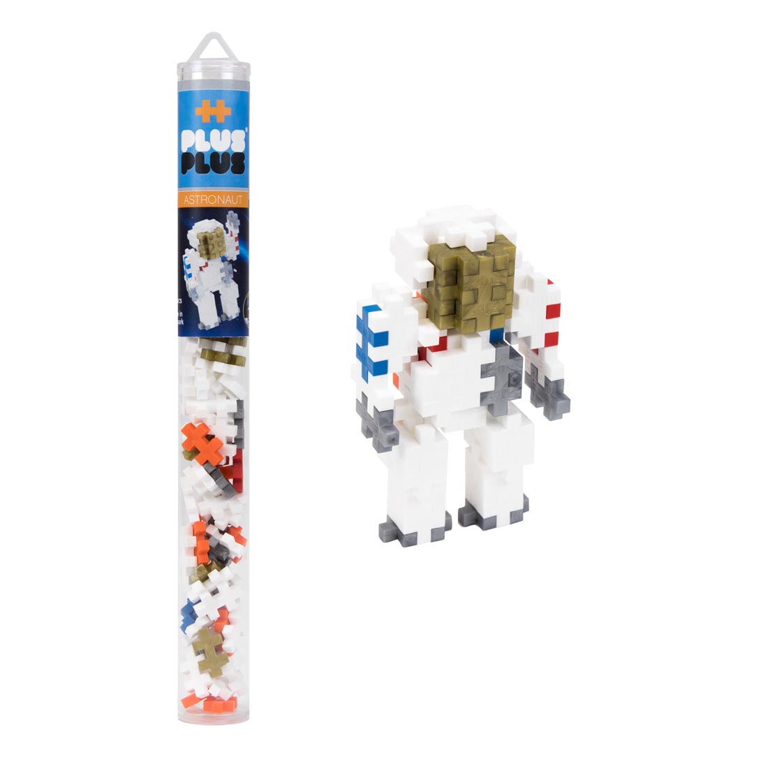 Plus-Plus 70-Piece Astronaut Tube beside a completed sample creation