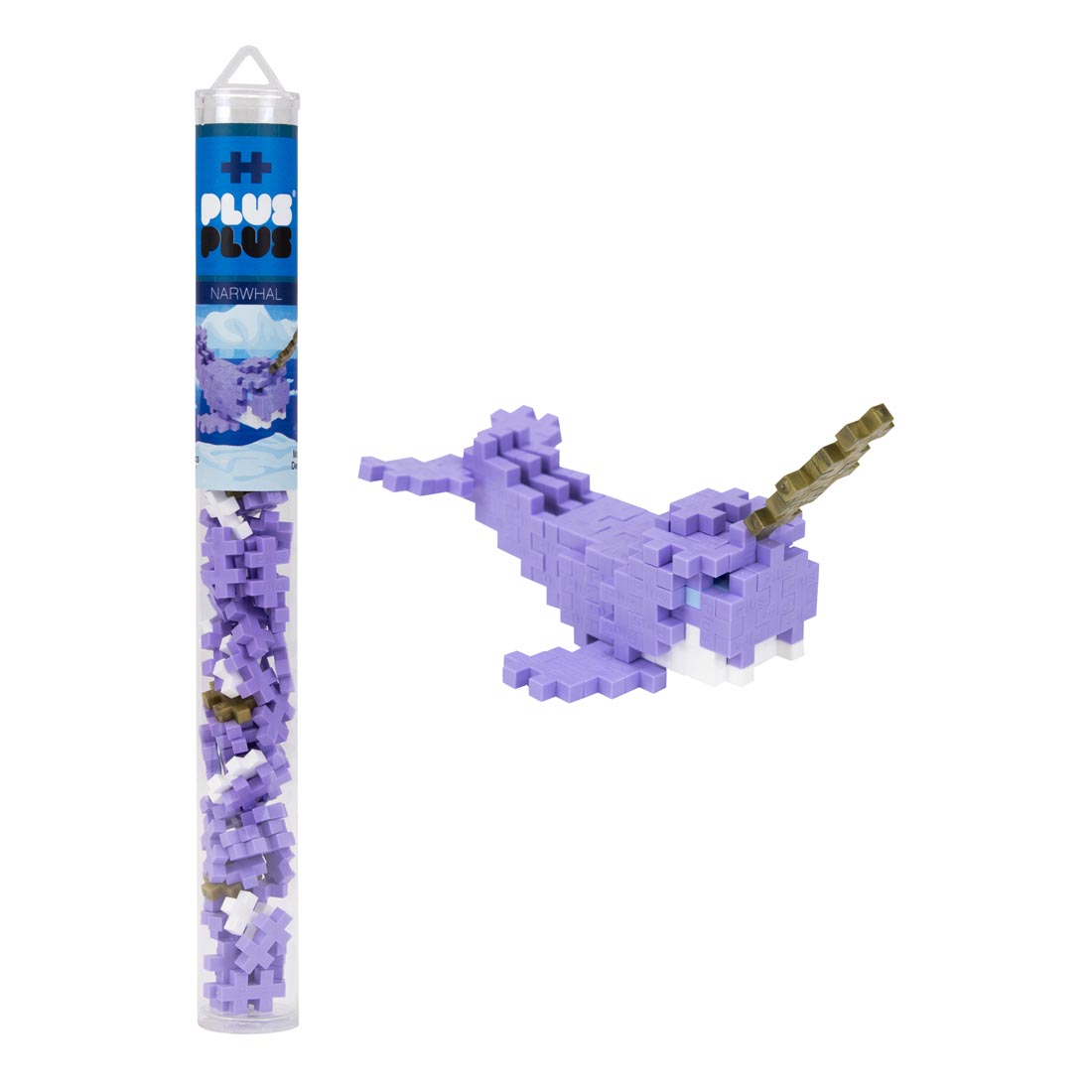 Plus-Plus 70-Piece Narwhal Tube beside a completed sample creation