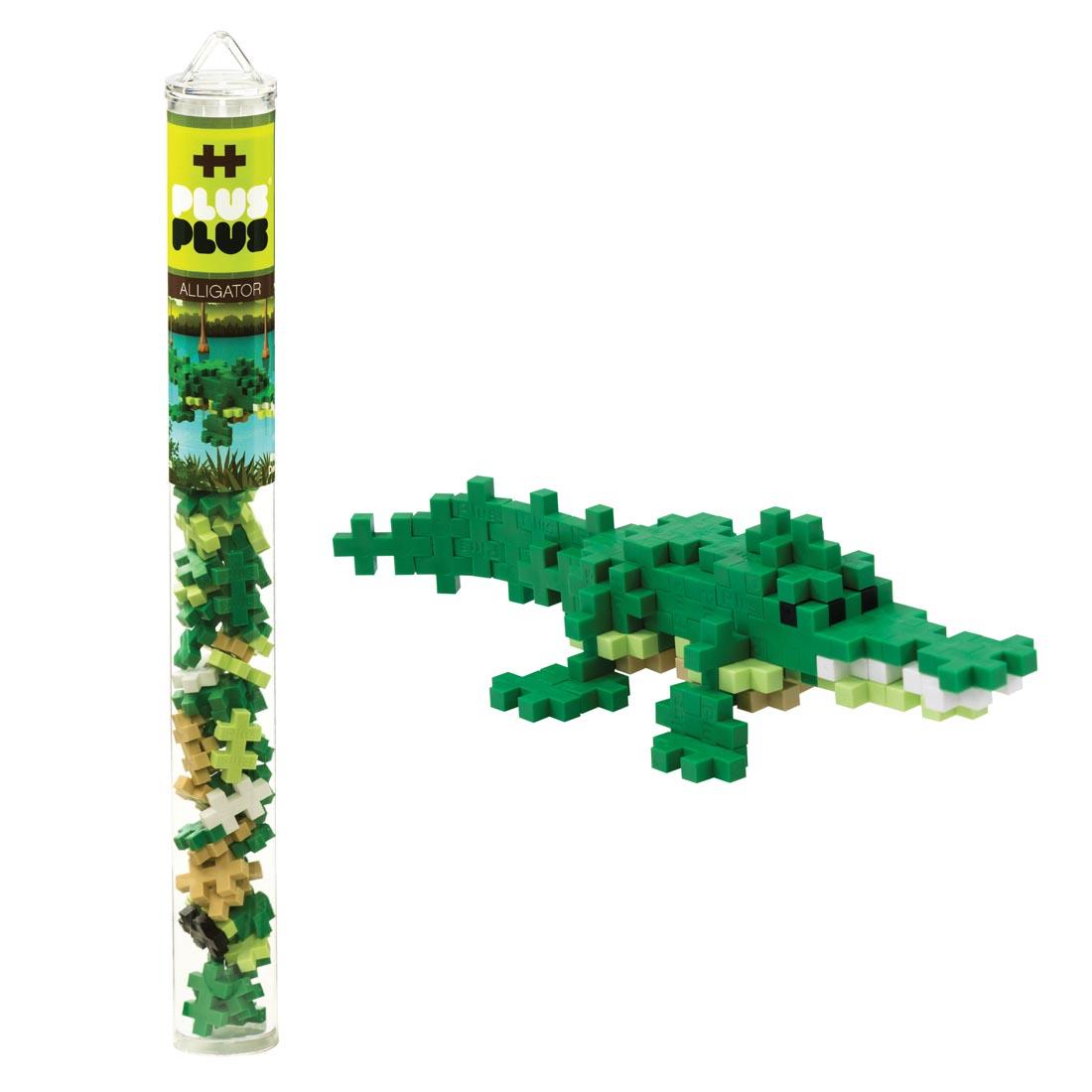 Plus-Plus 70-Piece Alligator Tube beside a completed sample creation