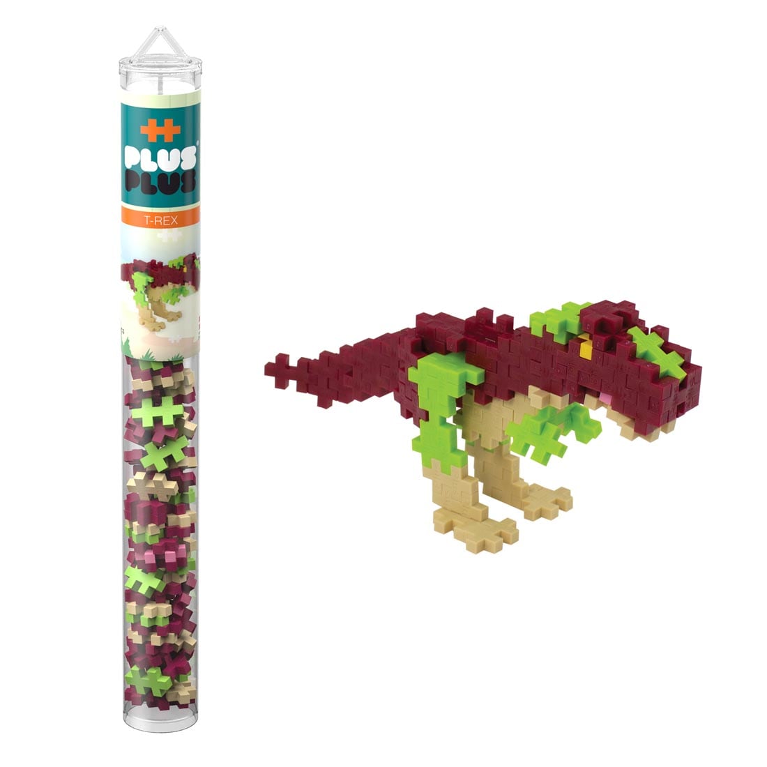 Plus-Plus 70-Piece T-Rex Tube beside a completed sample creation