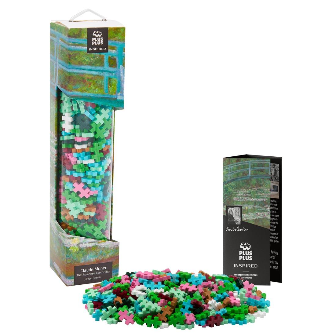 Plus-Plus 350-Piece Monet Inspired Set in package next to a pile of plus-plus pieces and the educational flyer