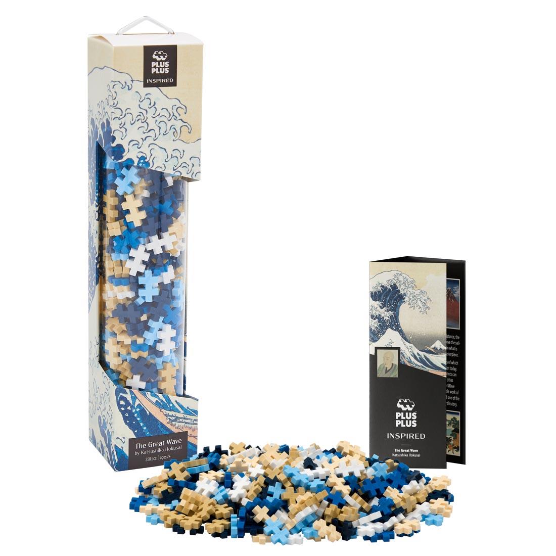 Plus-Plus 350-Piece Hokusai Inspired Set in package beside a pile of plus-plus pieces and the educational flyer