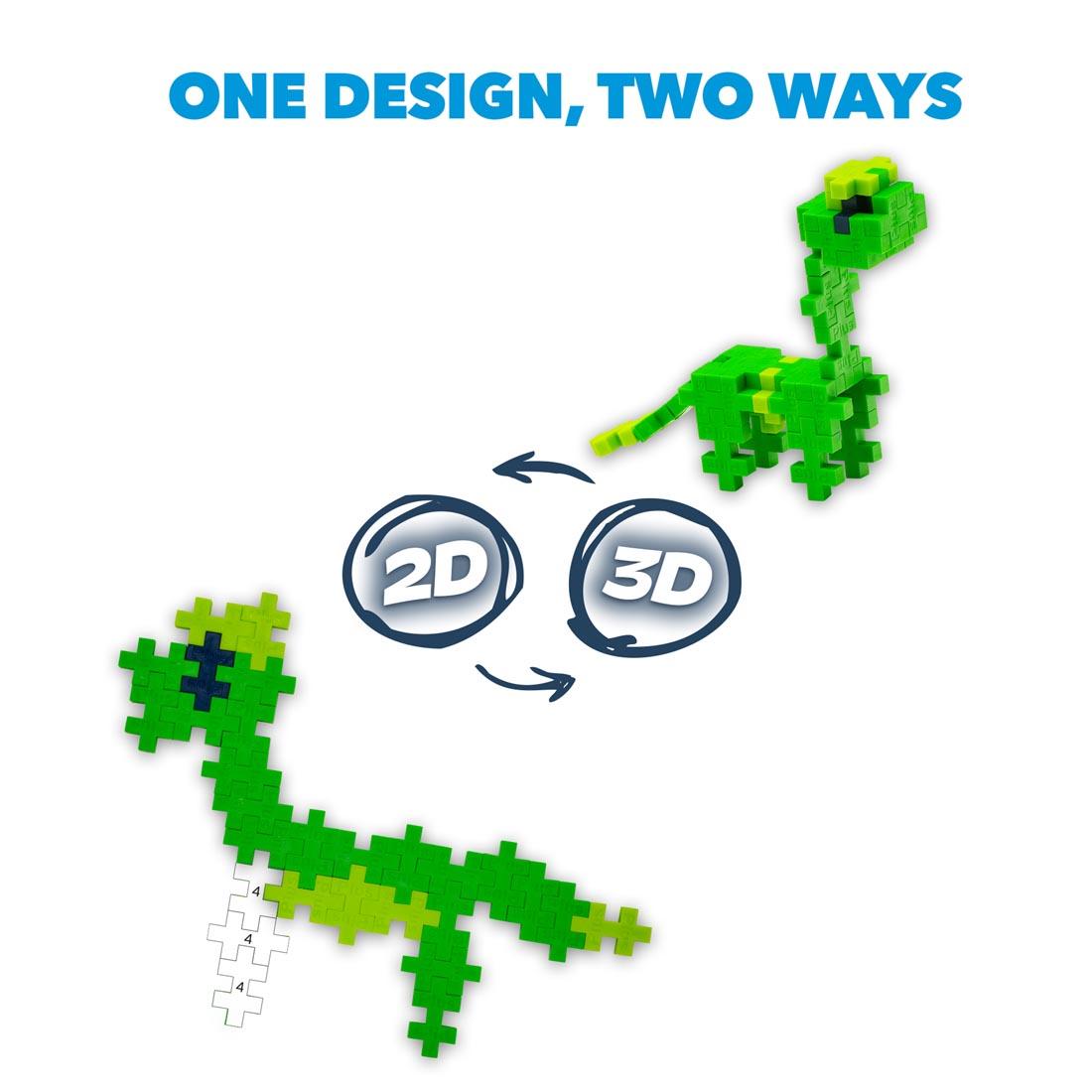 two dinos built with Plus-Plus Puzzle By Number Dinosaur Activity Pad plus text one design, two ways: 2D; 3D