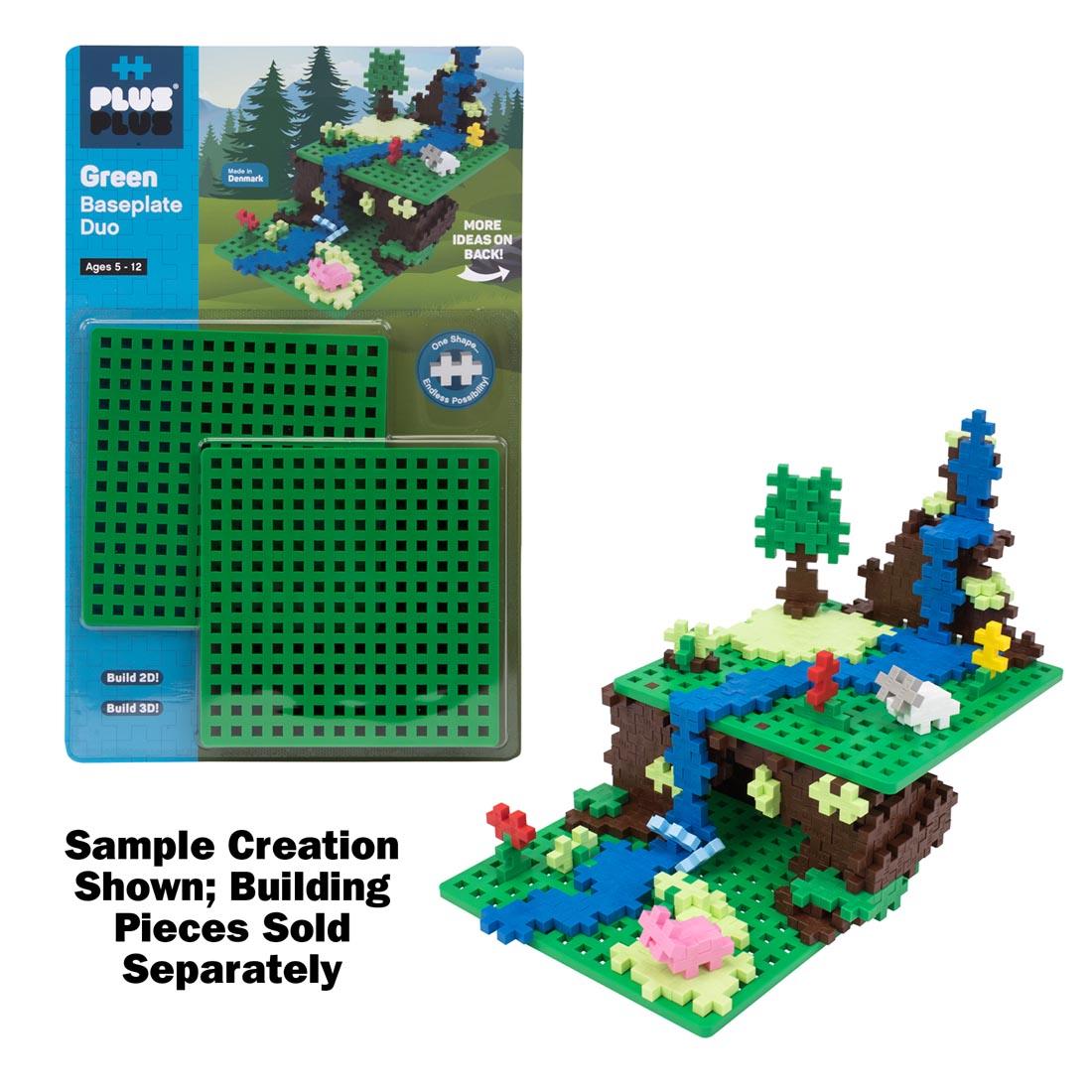 Plus-Plus Green Baseplate Duo along with a sample and the text: Sample Creation Shown; Building Pieces Sold Separately