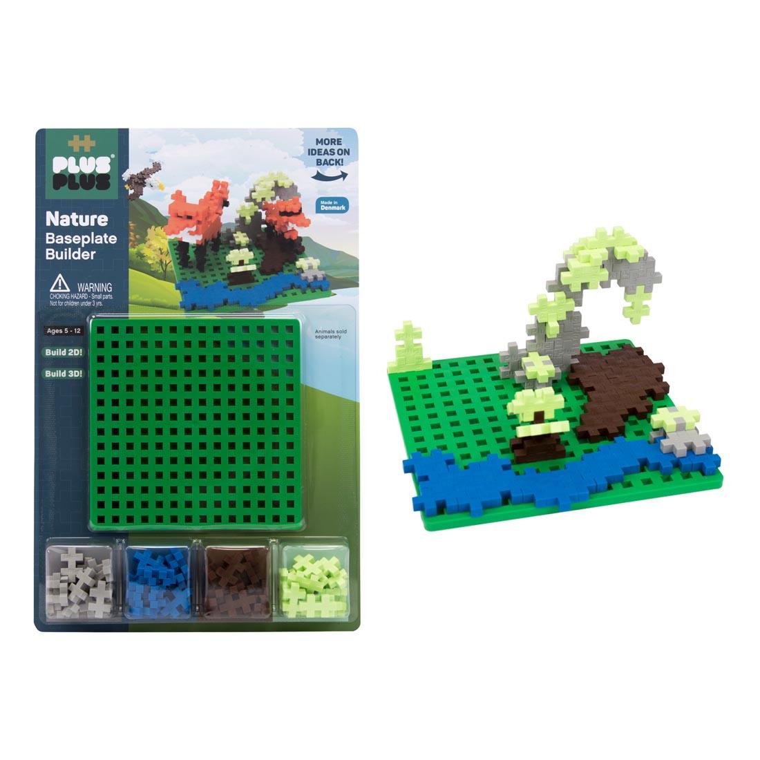 Plus-Plus Nature Baseplate Builder beside a sample creation