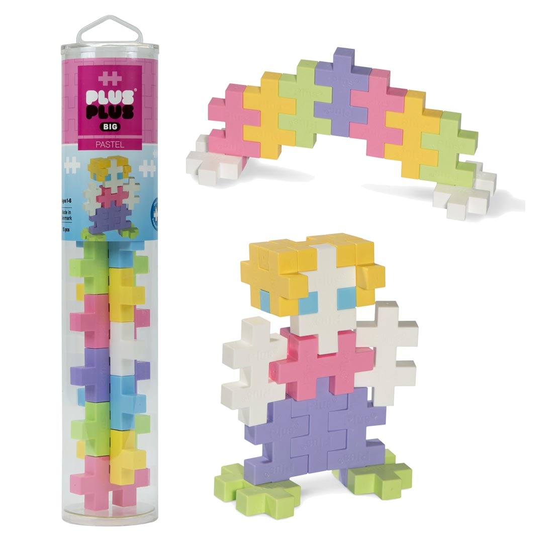 Plus-Plus BIG 15-Piece Pastel Mix Tube beside sample creations