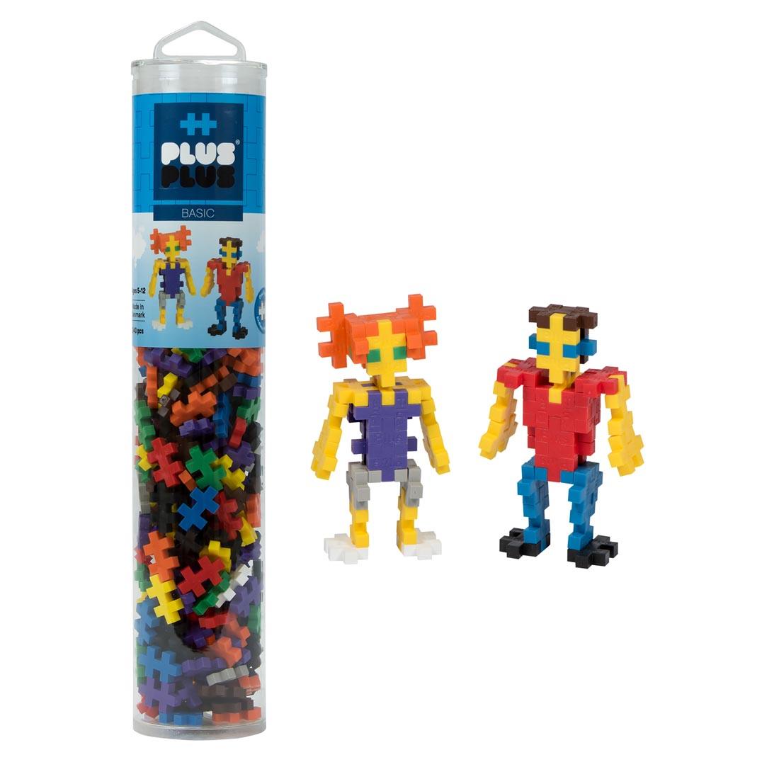 Plus-Plus 240-Piece Basic Mix Tube beside sample people creations