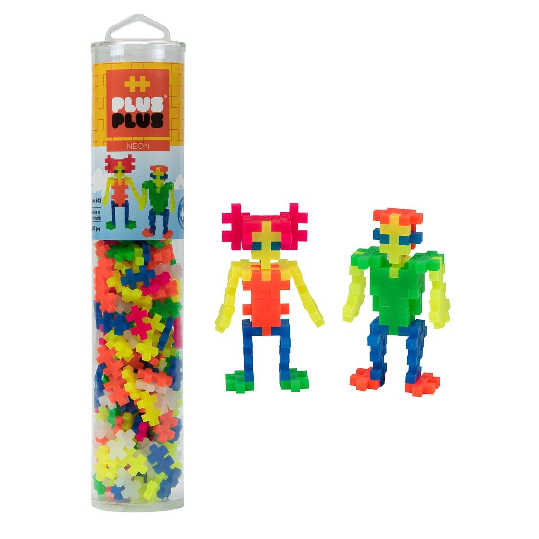 Plus-Plus 240-Piece Neon Mix Tube beside sample people creations