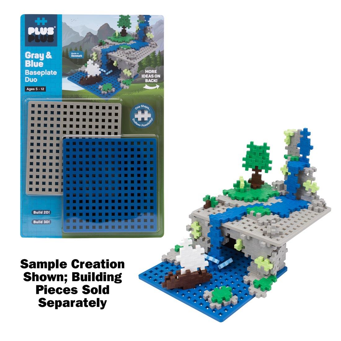 Plus-Plus Blue & Gray Baseplate Duo along with a sample and the text: Sample Creation Shown; Building Pieces Sold Separately